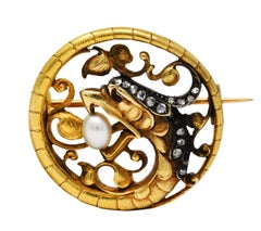 French Art Nouveau Diamond Pearl Silver 18 Karat Gold Basilisk Dragon Brooch