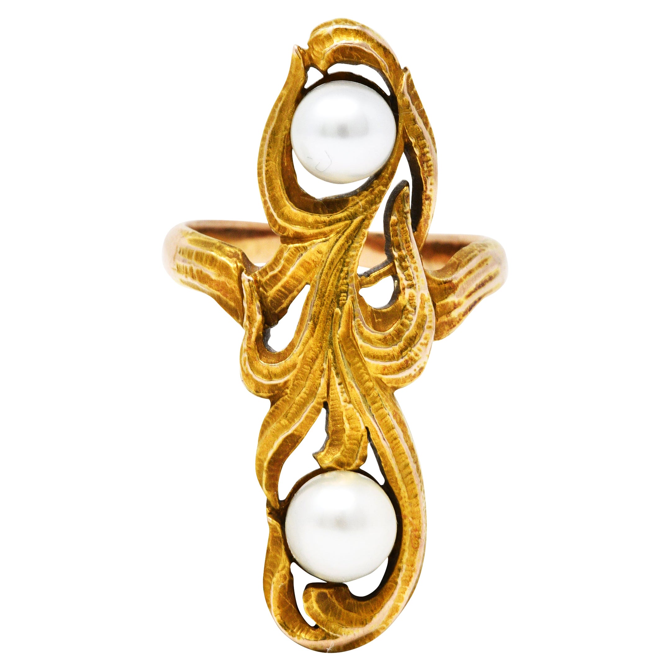 Arts & Crafts Pearl 14 Karat Gold Whiplash Foliate Ring