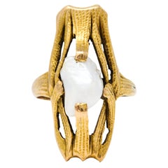 Arts & Crafts Baroque Pearl 14 Karat Gold Foliate Ring