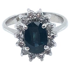 Vintage 14K White Gold Diamond and Sapphire Halo Engagement Ring, 1.92ct