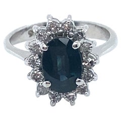 Vintage 14K White Gold Diamond and Sapphire Halo Engagement Ring, 1.92ct