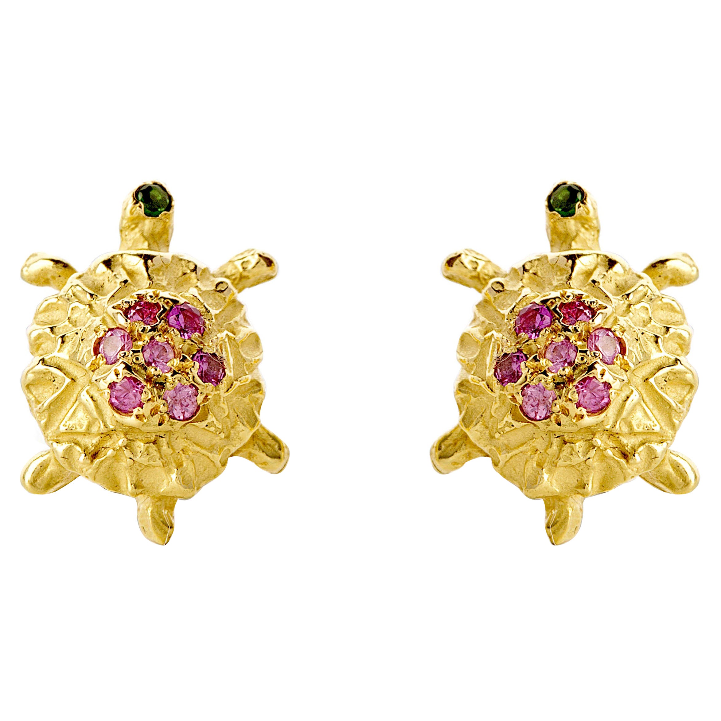 18 Karat Gold Karat Pink Tourmaline Little Turtle Handcrafted Stud Earrings For Sale