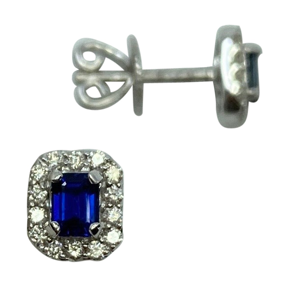 Fine Blue Ceylon Sapphire Diamond 18k White Gold Emerald Cut Earring Halo Studs