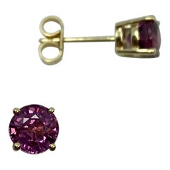 2.50ct Vivid Pink Purple Rhodolite Garnet Yellow Gold Round Cut Earring Studs