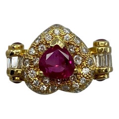 Unique 2.05 Carat Fine Deep Red Ruby Diamond Heart 18k Yellow Gold Cluster Ring