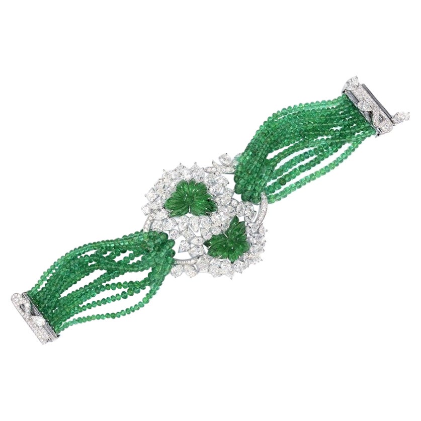 David Morris Carved Emerald 146.18ct & Diamond 25.83ct GIA Certified Bracelet For Sale