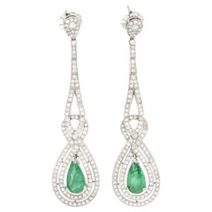 Antique Style 3.0 Carat Pear Cut Emerald Diamond Drop Earrings