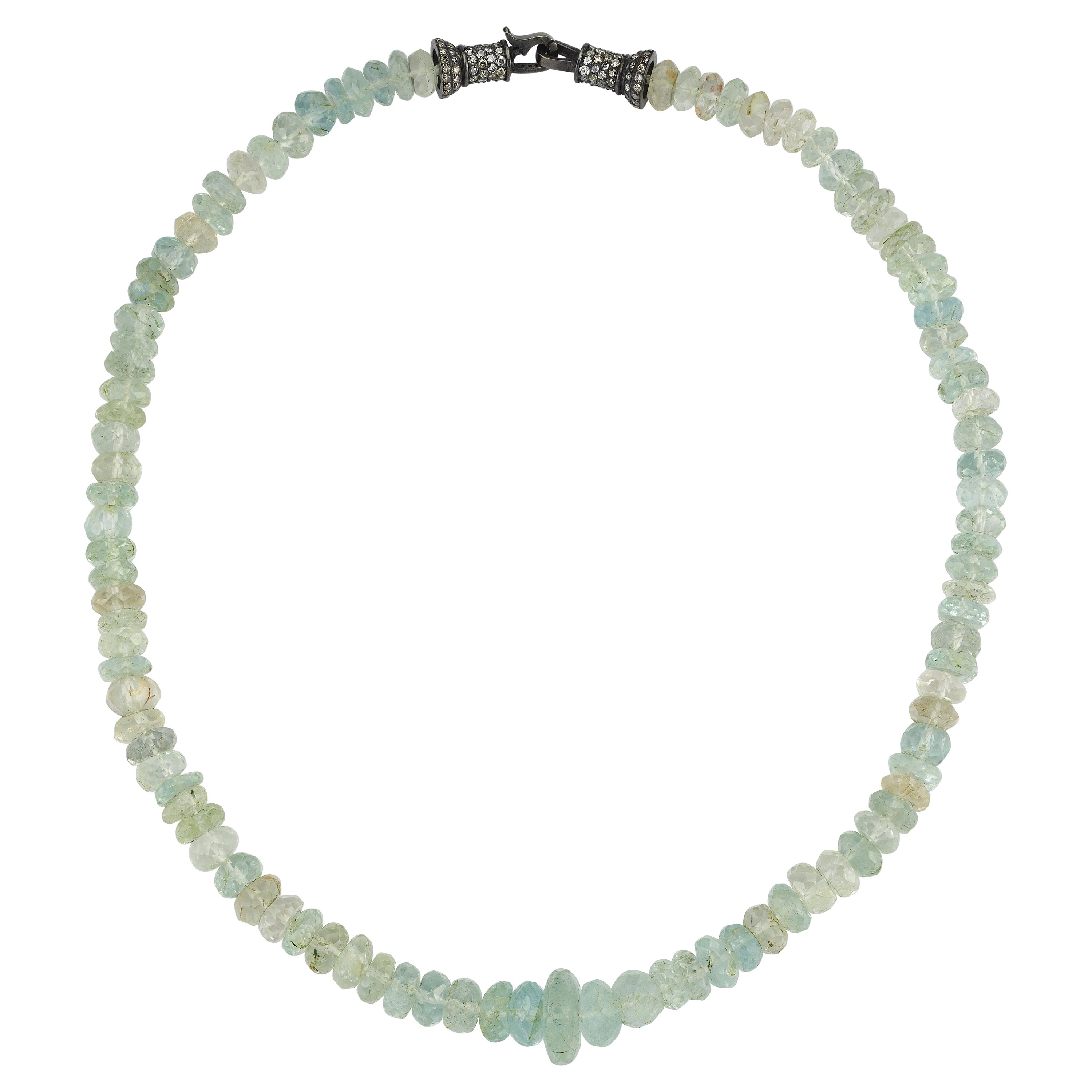Aquamarine Beads Necklace with Pave Diamond Silver Clasp For Sale