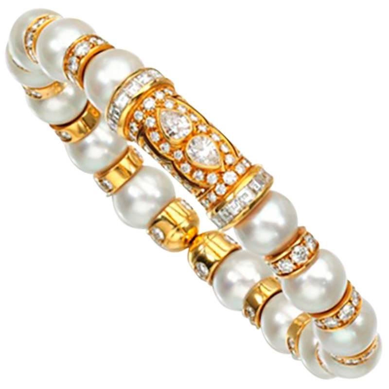 1990s Bulgari Chic Pearl Diamond Gold Bangle Bracelet 