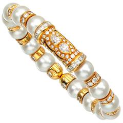 1990s Bulgari Chic Pearl Diamond Gold Bangle Bracelet 