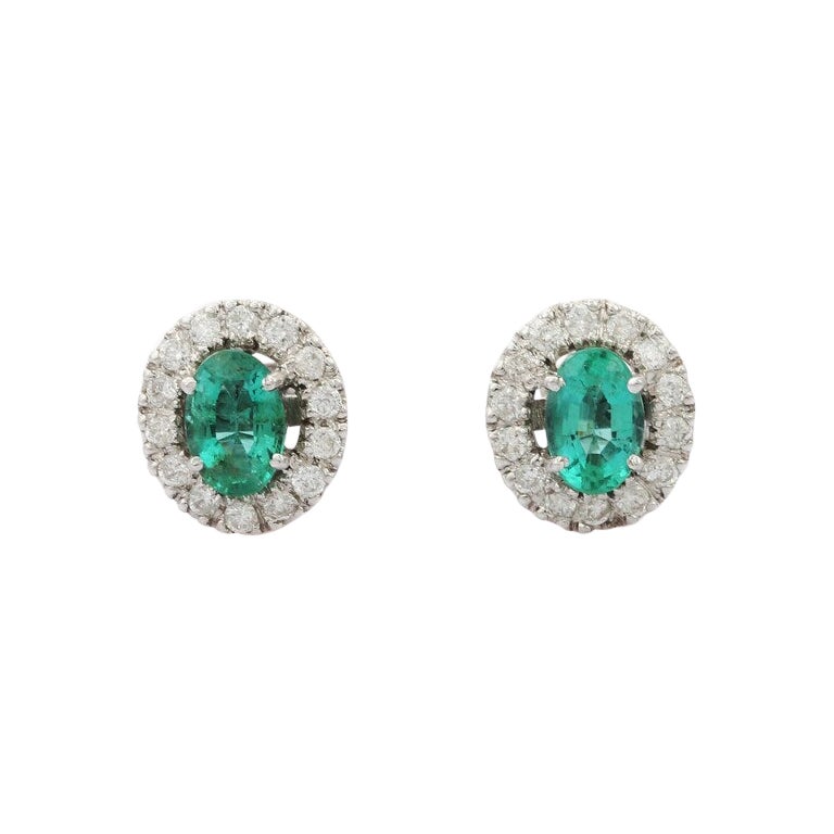 Dainty Emerald Diamond Studs in 18 Karat Solid White Gold For Sale