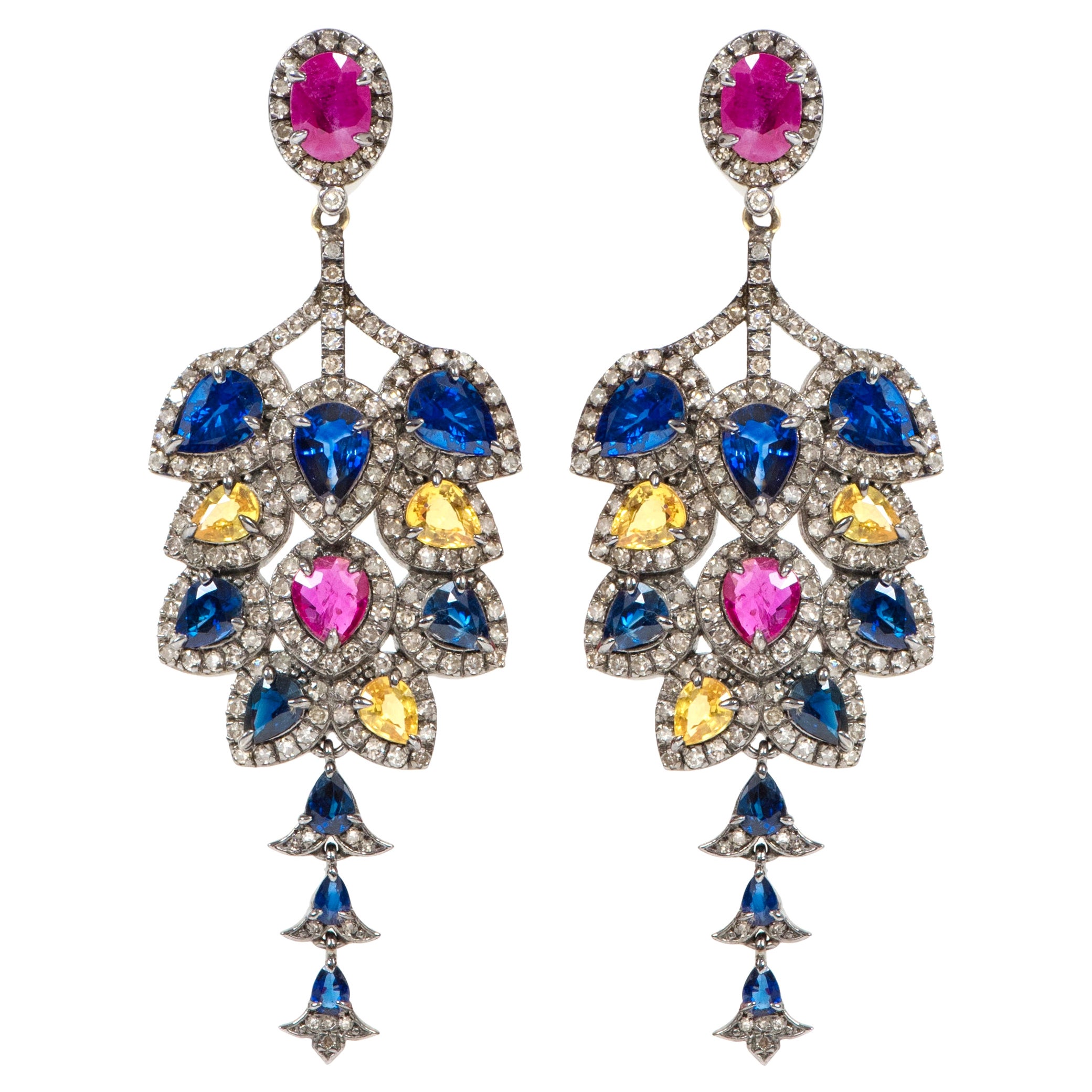 15.32 Carat Sapphire, Diamond, and Ruby Dangle Cocktail Earrings in Art Deco For Sale