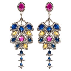 15.32 Carat Sapphire, Diamond, and Ruby Dangle Cocktail Earrings in Art Deco
