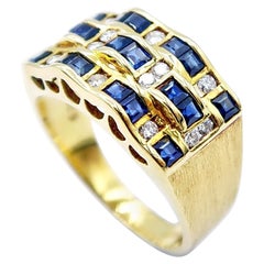 Dutch Weave Mesh Velvety Blue Sapphire & Diamond 18K Yellow Gold Band Ring