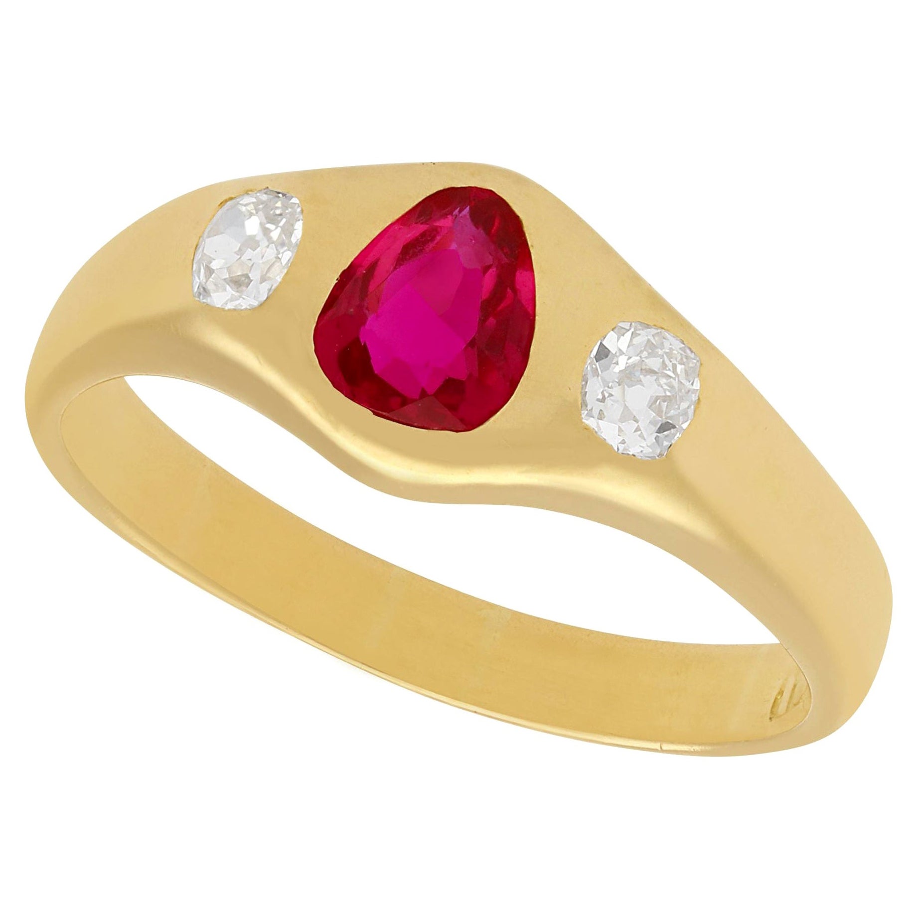 Antique 1930s Ruby and Diamond Yellow Gold Unisex Ring For Sale