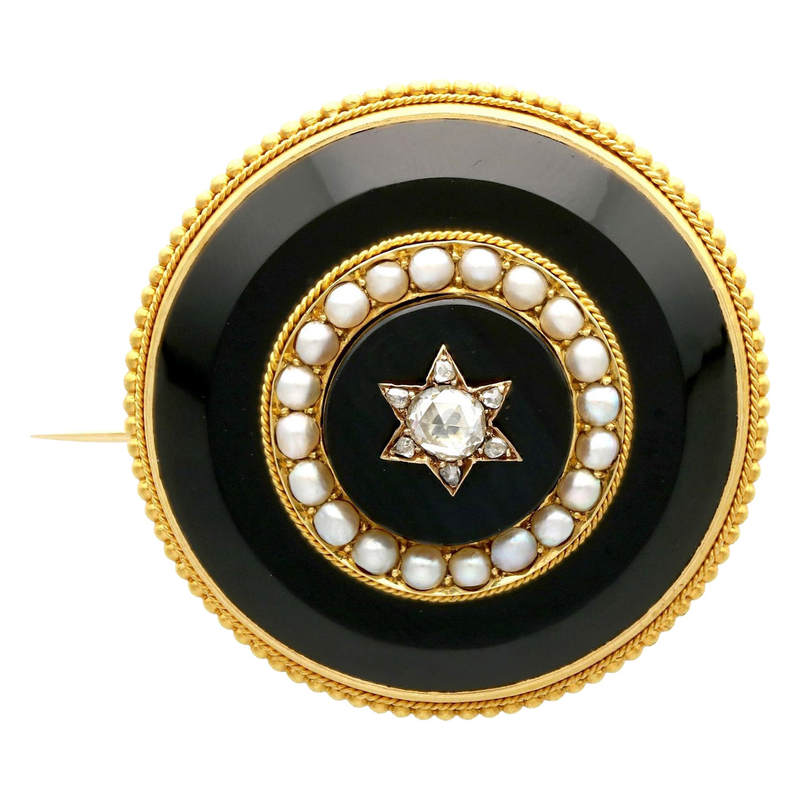 Antique Diamond Pearl and Black Onyx Yellow Gold Brooch, circa 1890 For Sale