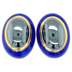 William Lowe 18kt Yellow Gold Blue Enamel and Hematite Earrings