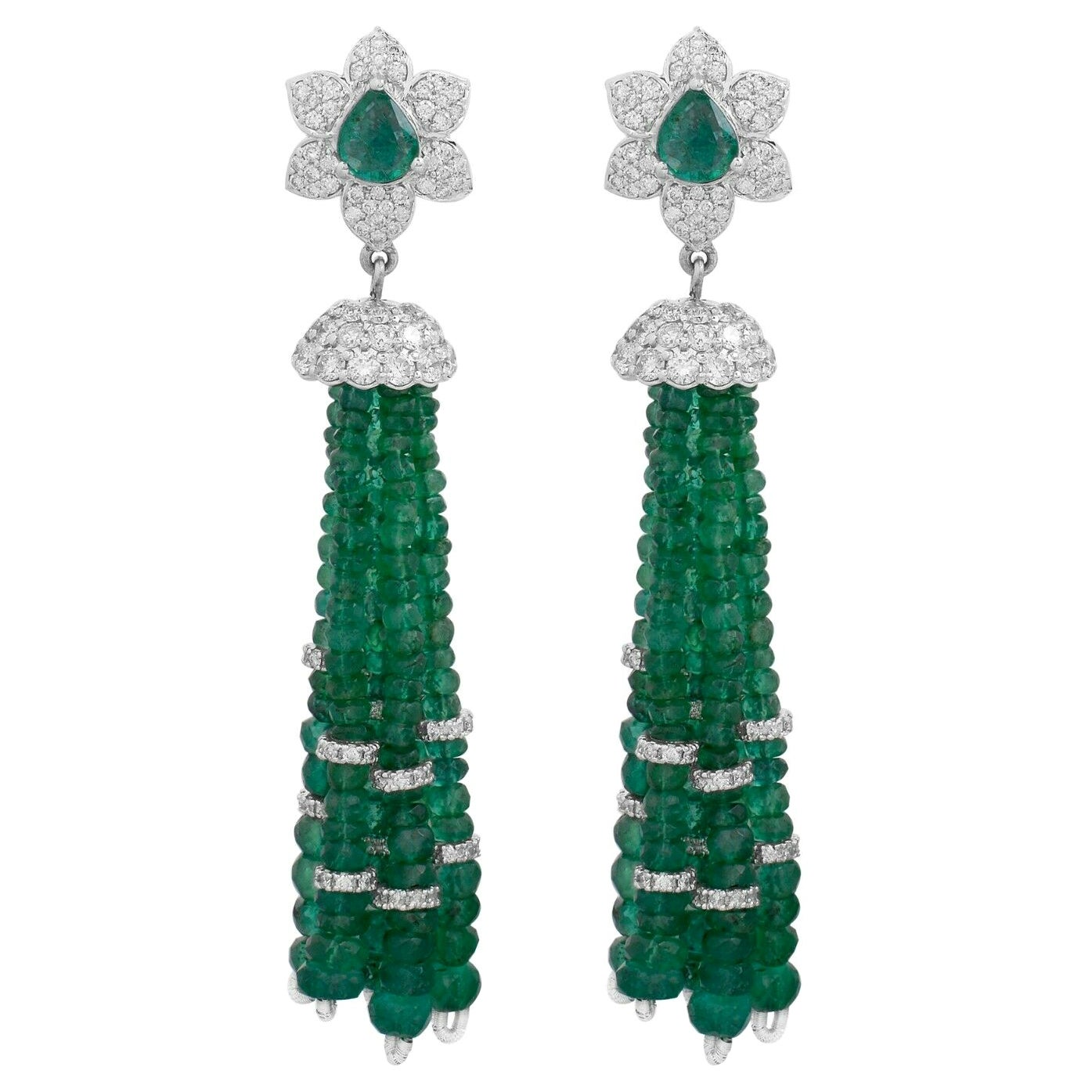 59.35 Carat Emerald Diamond 14 Karat Gold Tassel Earrings For Sale