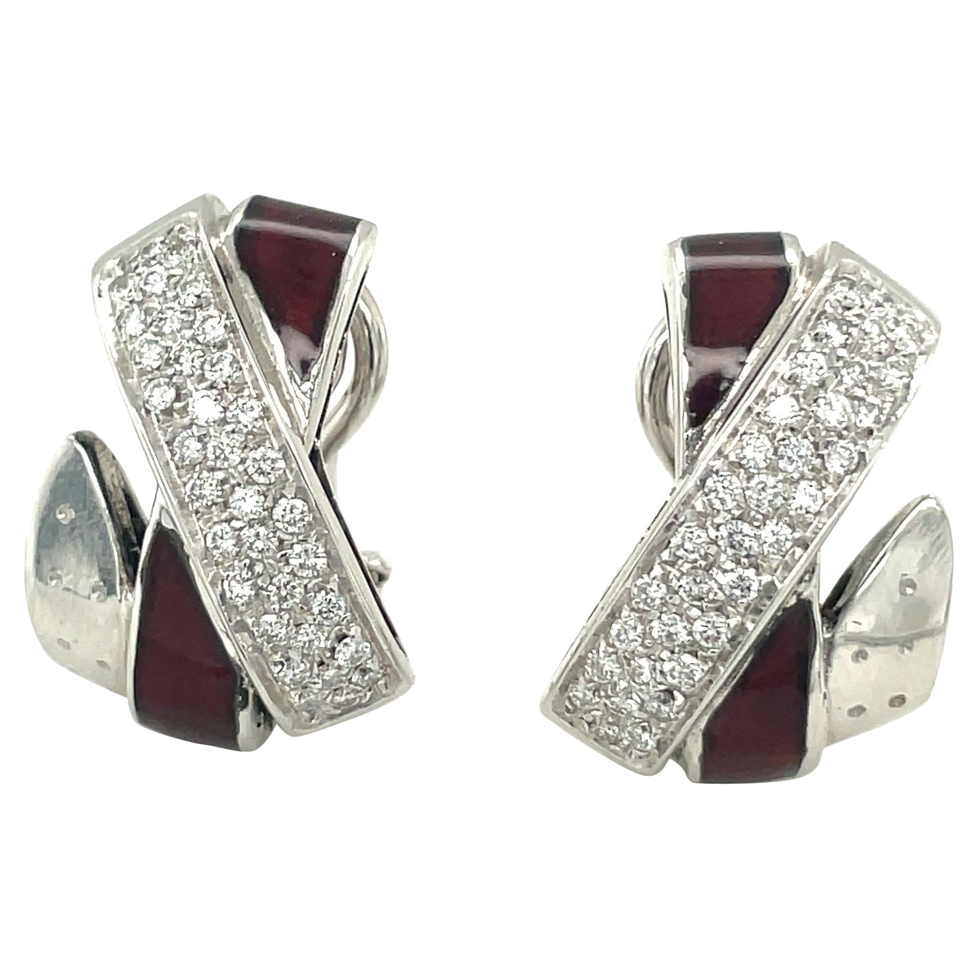 La Nouvelle Bagues 18kt White Gold X Motif Diamond and Enamel Earring For Sale