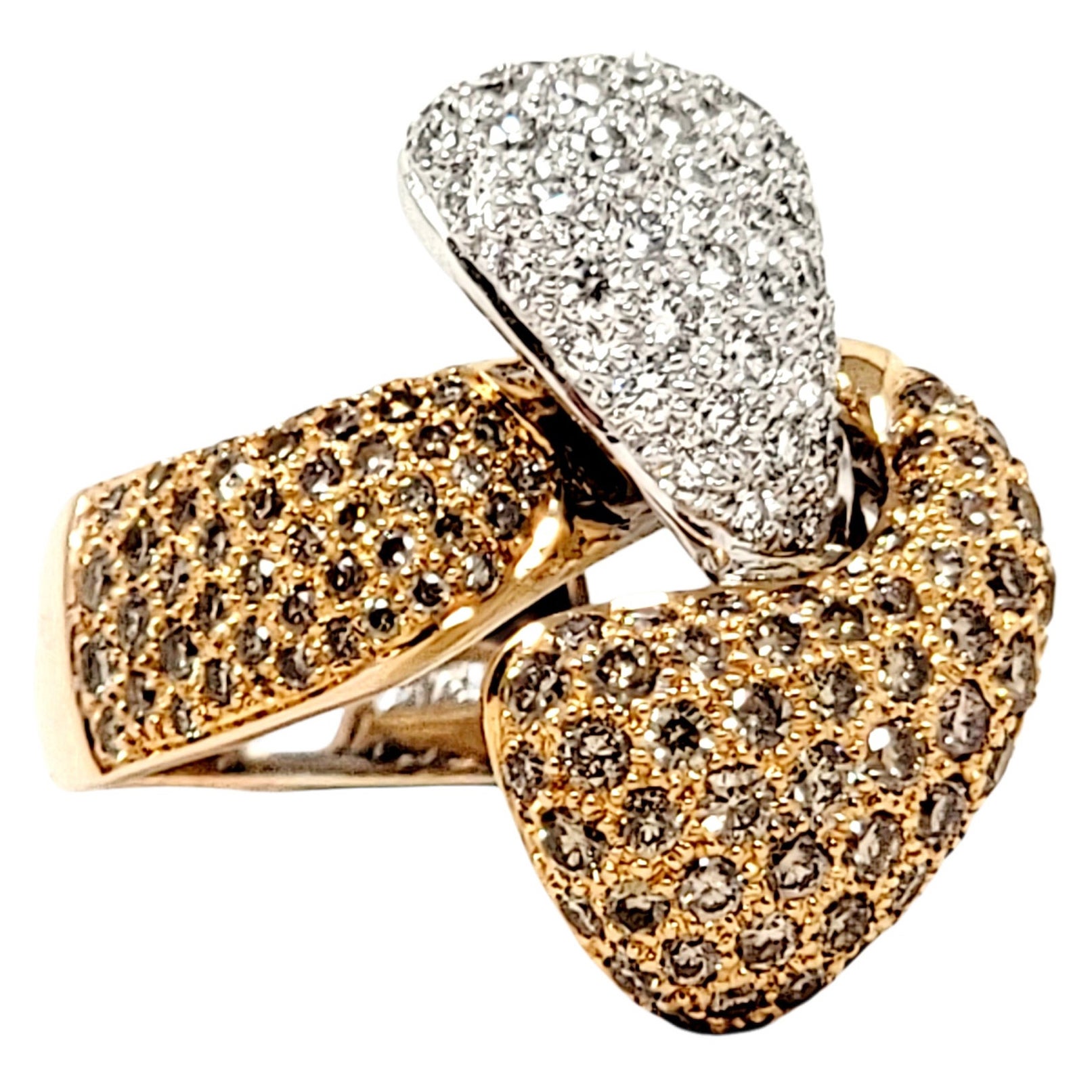 Hans D. Kreiger Brown and White Pave Diamond Bypass Ring Two-Tone 18 Karat Gold For Sale
