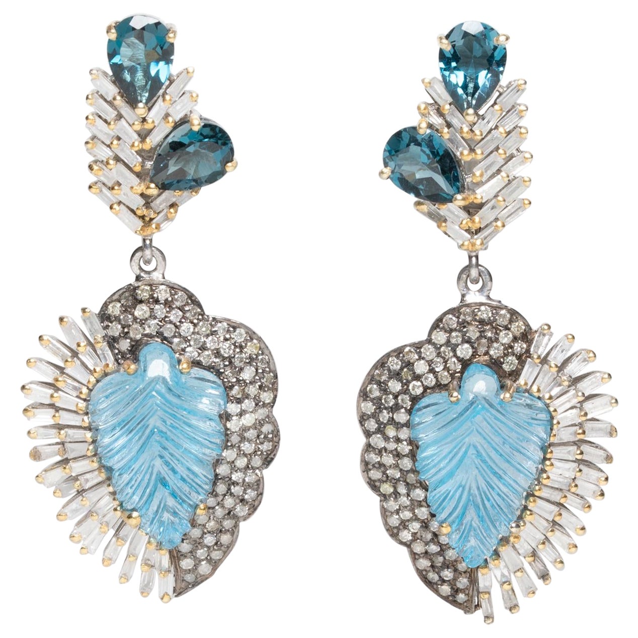 Carved Blue Topaz and Diamond Dangle Drop Earrings For Sale