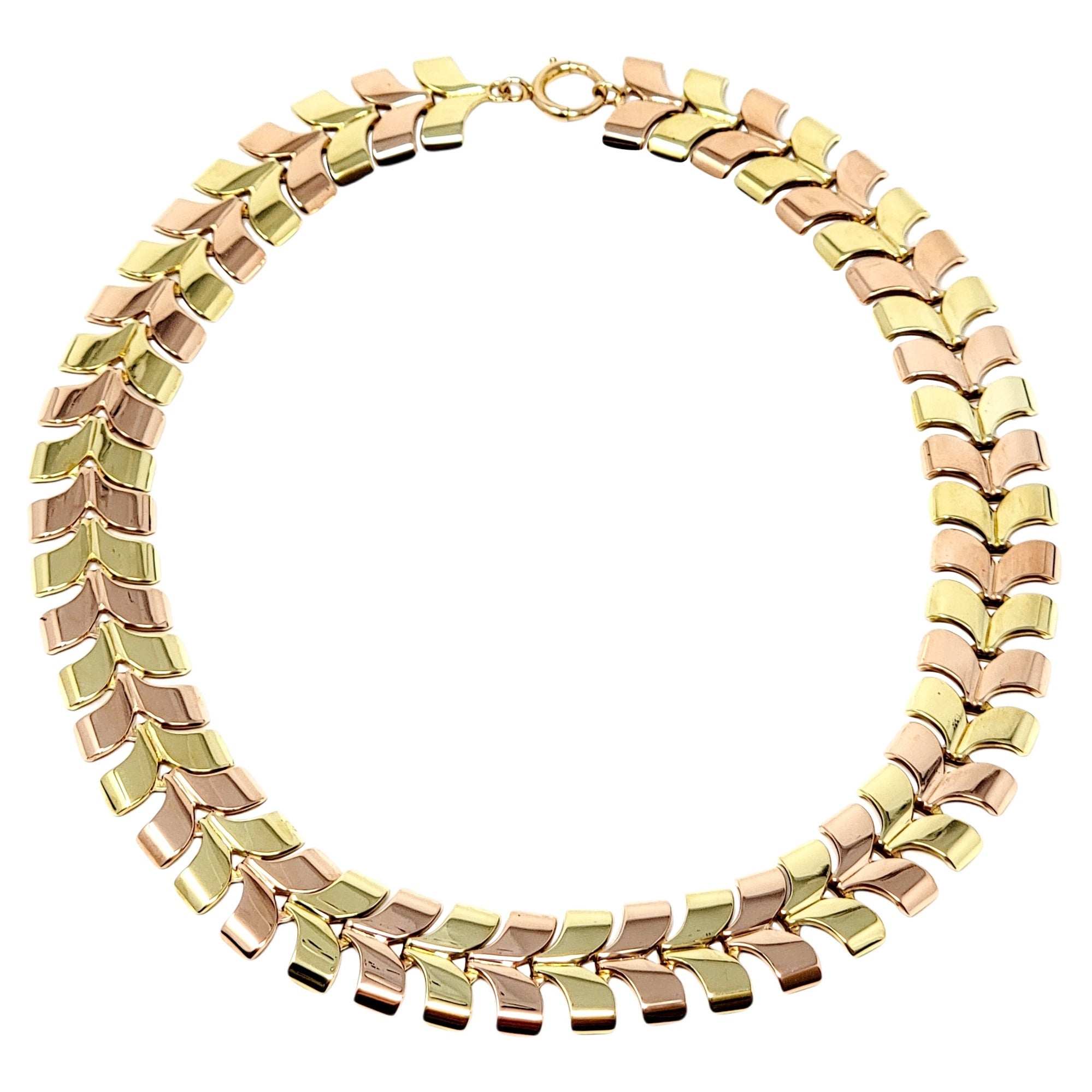 Polished Two-Tone 14 Karat Yellow and Rose Gold Chevron Style Wide Link Necklace