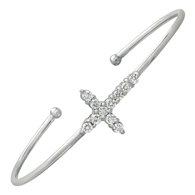1.05 Carat Natural Diamond Cross Bangle Bracelet G SI 14K White Gold For Sale