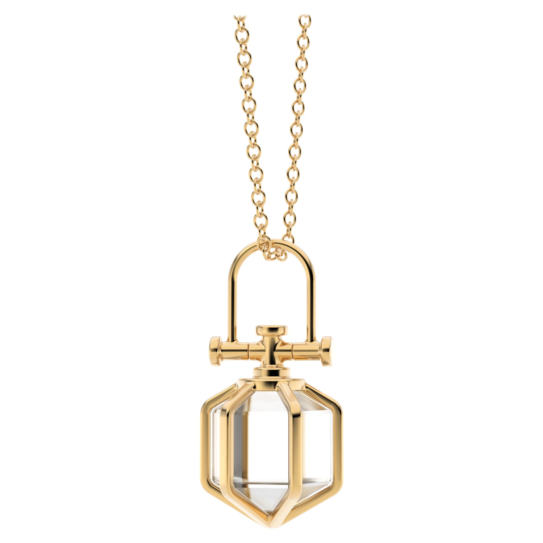 Modern Sacred 18k Solid Yellow Gold Talisman Pendant Necklace with Rock Crystal For Sale