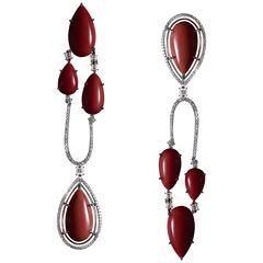 Alexandra Mor Asymmetrical Medi Coral Diamond Gold Chandelier Earrings