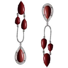 Alexandra Mor Asymmetrical Medi Coral Diamond Gold Chandelier Earrings