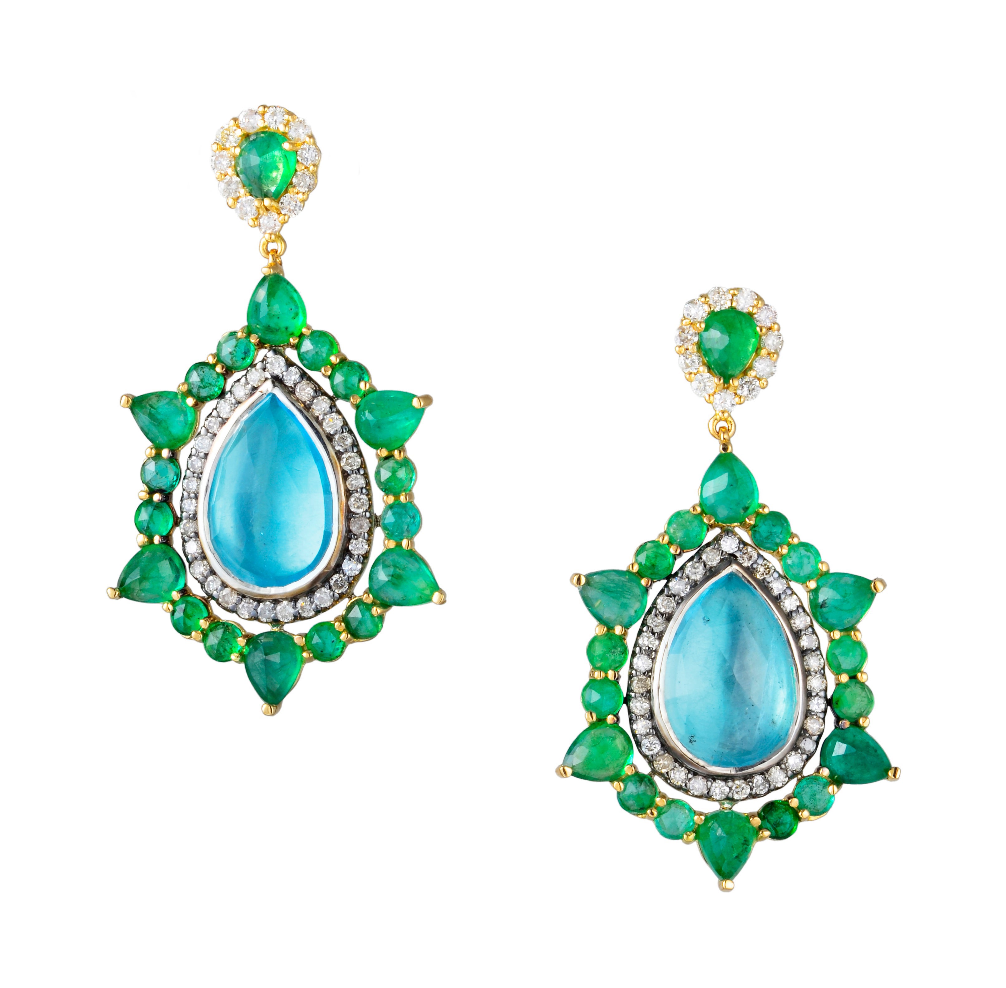 Parulina Emerald and Aquamarine Earrings in 18K Yellow Gold For Sale