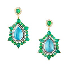 Parulina Emerald and Aquamarine Earrings in 18K Yellow Gold