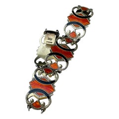 Vintage Black and Orange Enamel Sterling Silver Bracelet