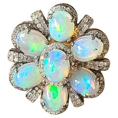 Ethiopian Opal & Diamonds Victorian Cocktail Ring Set in 14K Gold & Silver