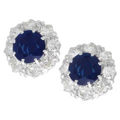 Vintage 1.40Ct Sapphire 1.10ct Diamond White Gold Cluster Earrings, Circa 1990