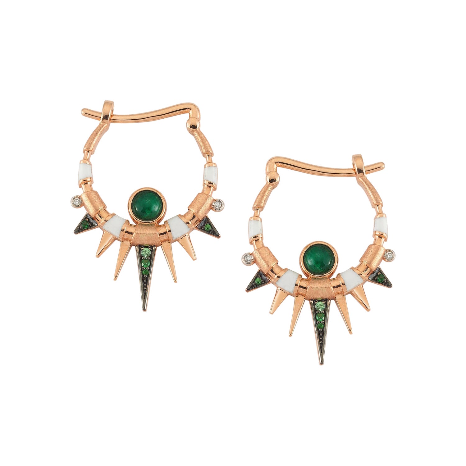 Cyra Hoop Earrings in Rose Gold with Emerald, White Diamond and Savorite For Sale