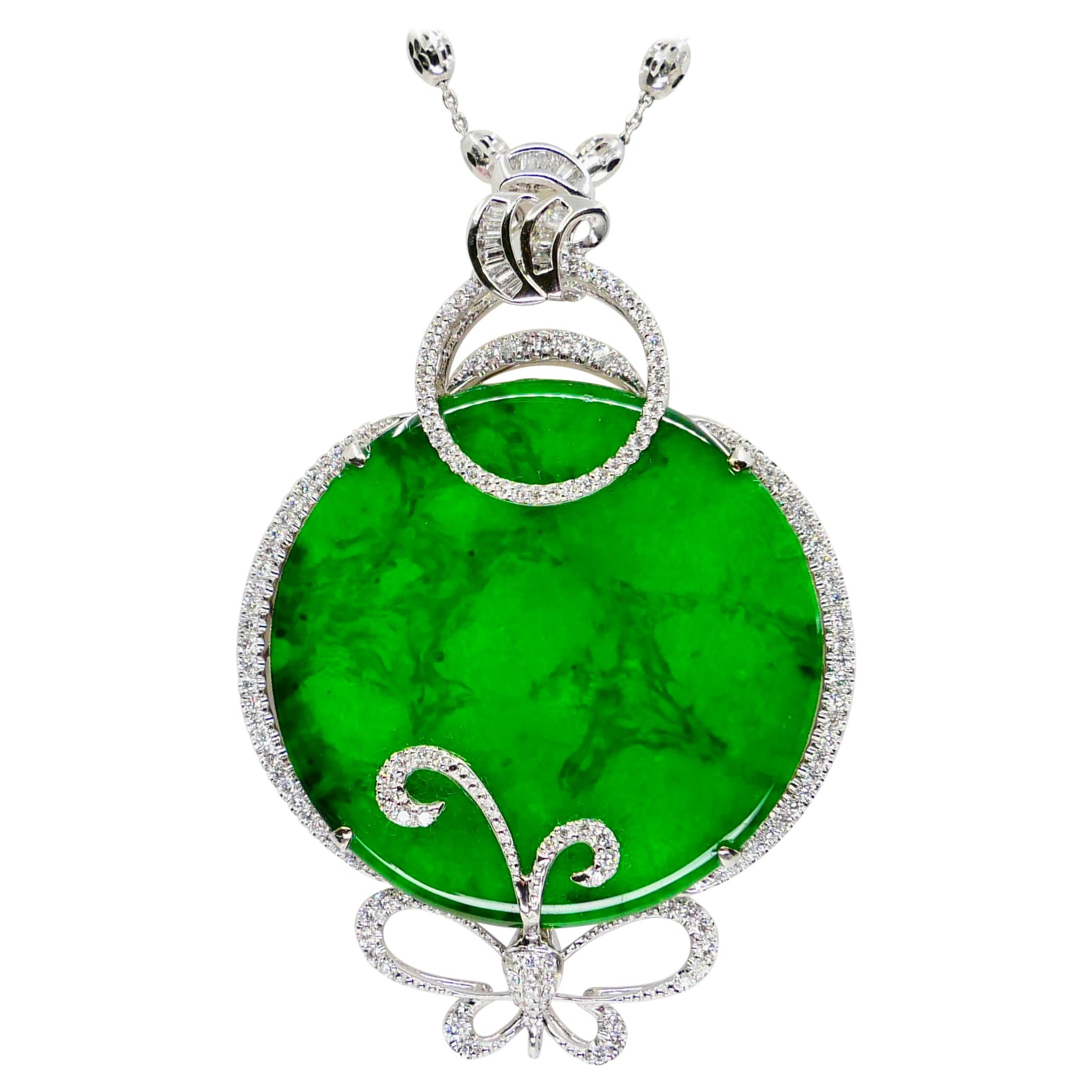 Certified Imperial & Apple Green Jadeite Jade Diamond Pendant, Sika Deer Pattern