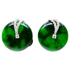 Certified 6.42 CTW Type A Jadeite Jade & Diamond Earrings, Spinach Green Color