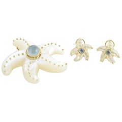 Maz Tourmaline Mother-of-Pearl Gold Starfish Brooch Pendant and Earrings