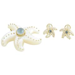 MAZ Tourmaline Mother of Pearl Gold Starfish Brooch Pendant and Earrings 7