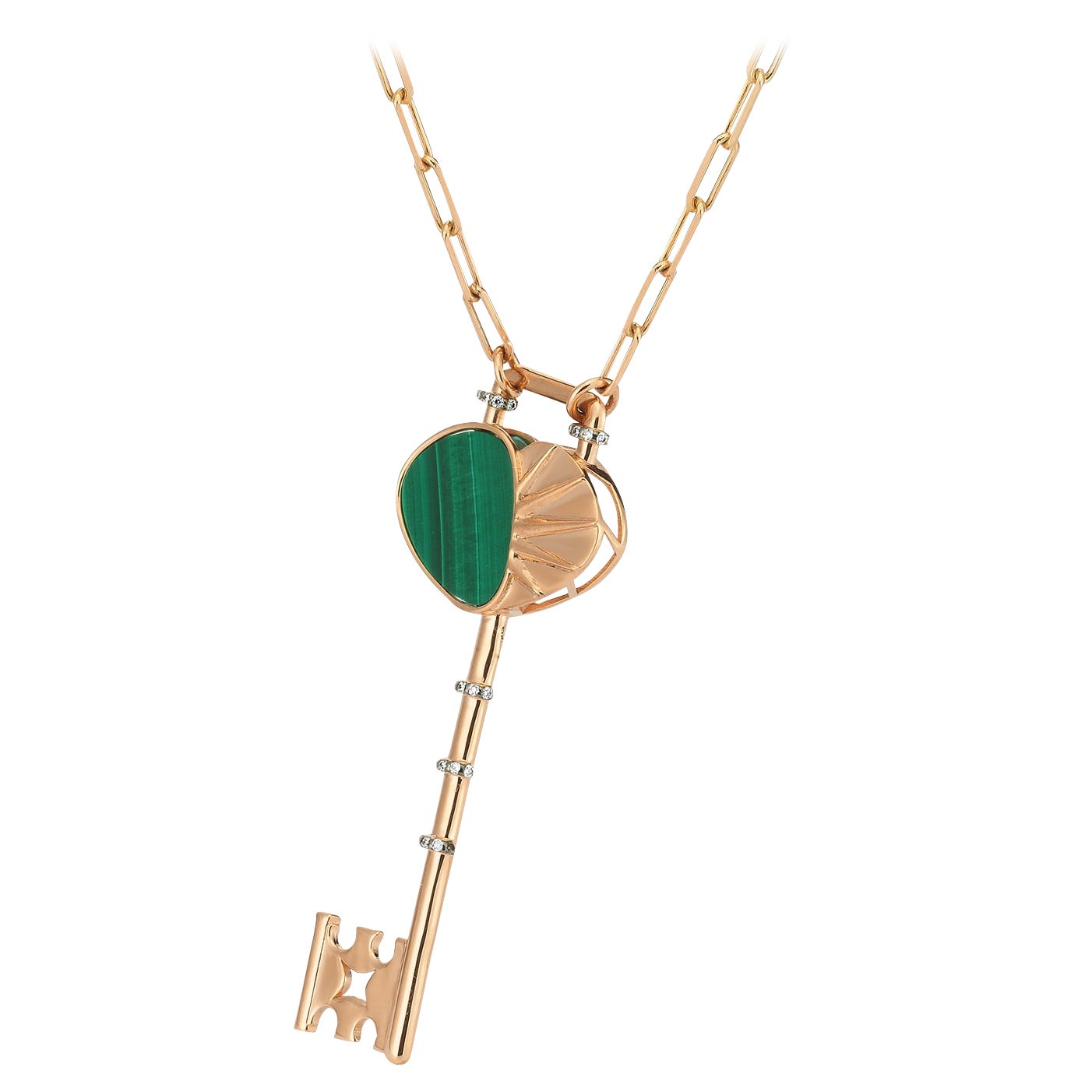 Hestia Necklace in Rose Gold with Malachite and White Diamond For Sale