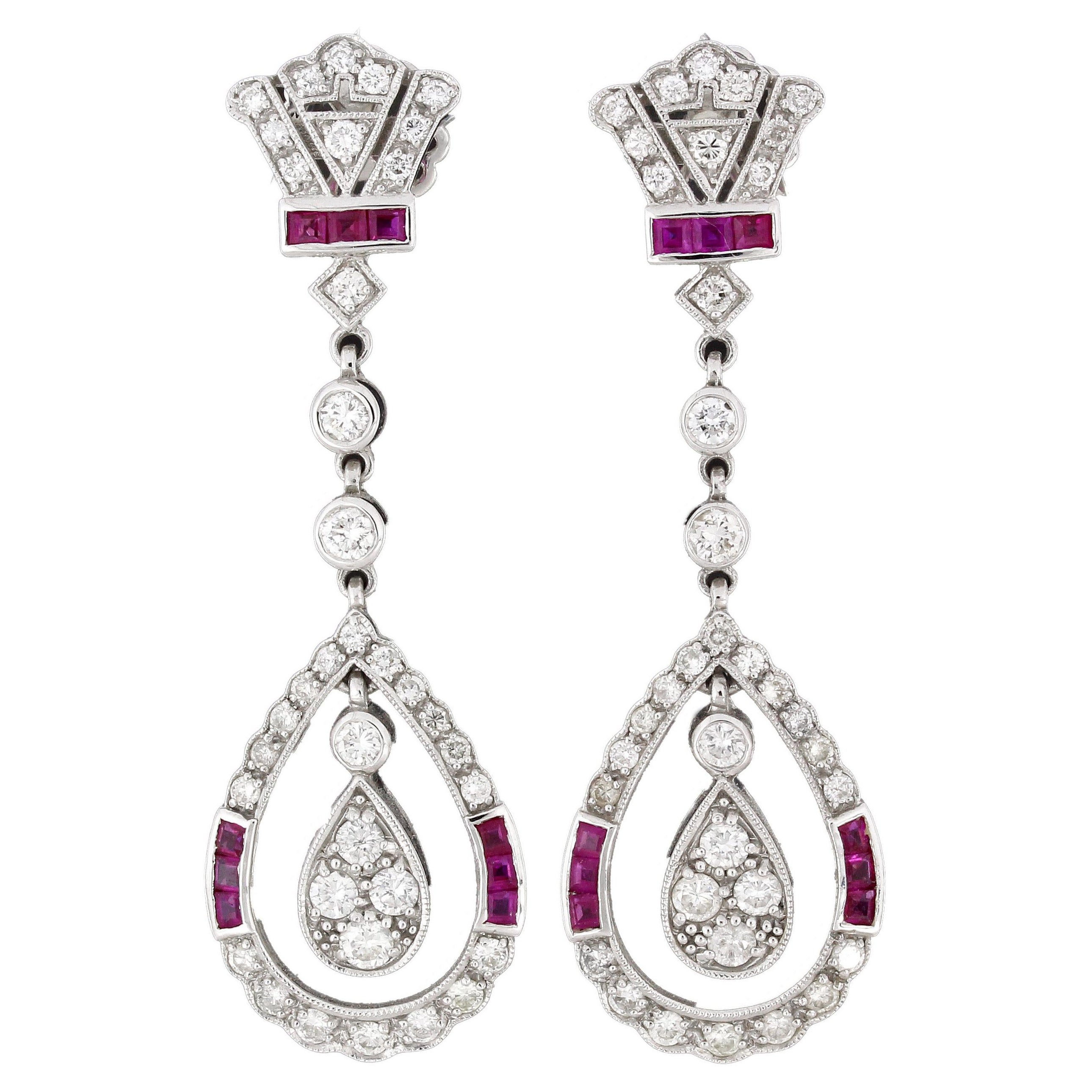 2.02 Carat Diamond Drop Earrings with Rubies For Sale