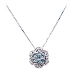 Diamonds, Aquamarine, 18 Karat White Gold Flower Pendant Necklace