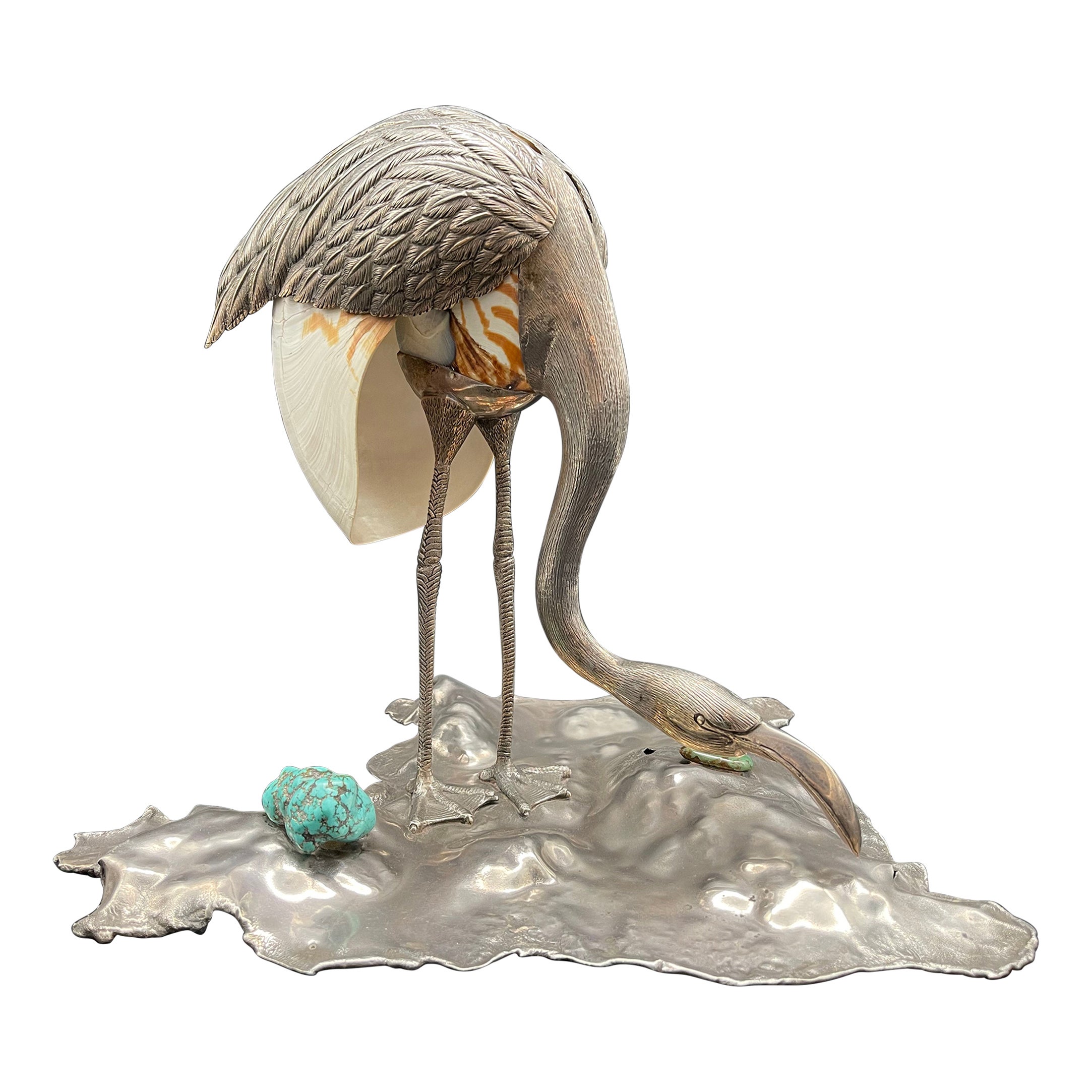 Flamingo Bird Sculpture Sterling Silver Nautilus Shell Home Silverware For Sale