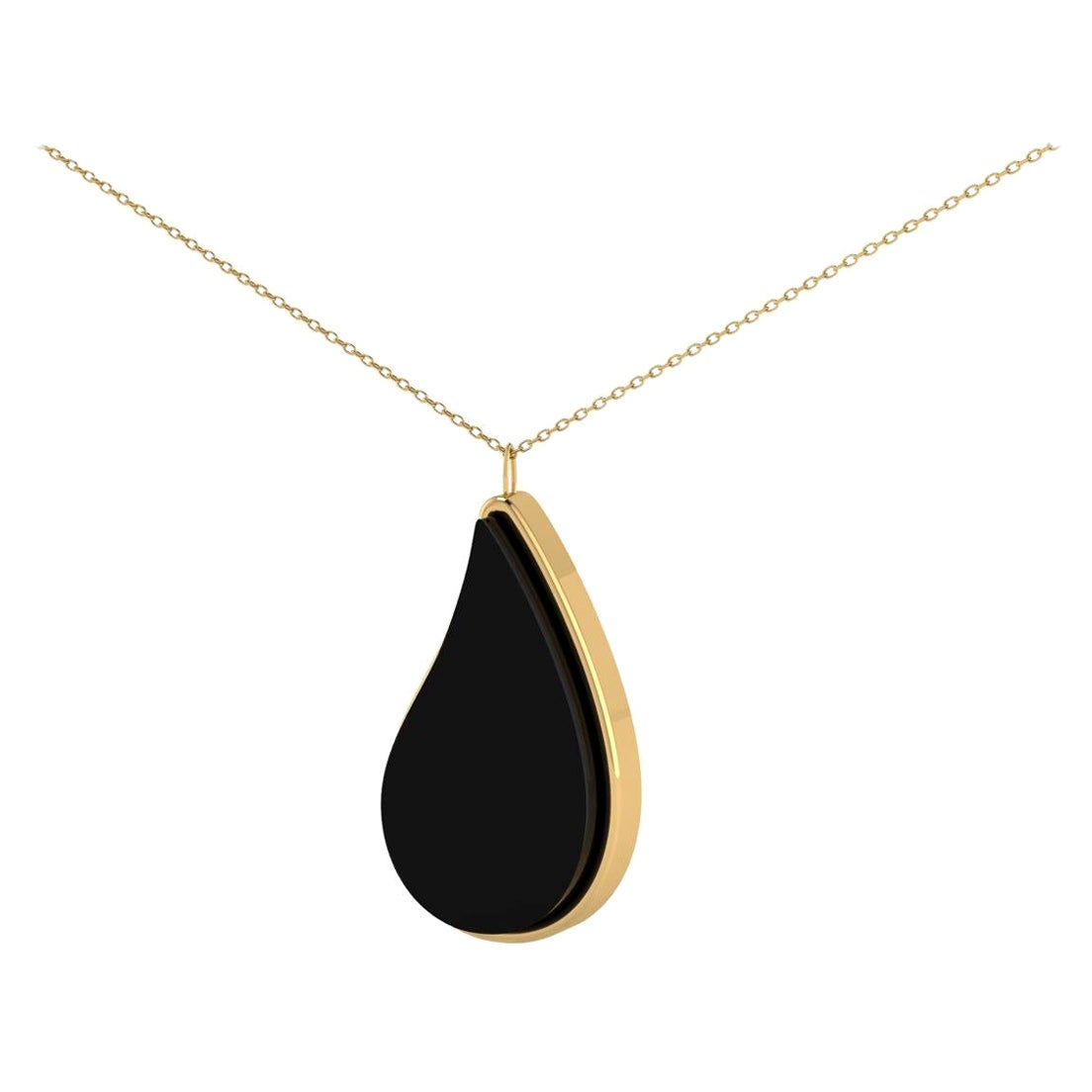 Onyx Teardrop Pendant Encased in 14k Gold on an 18k Gold Chain For Sale