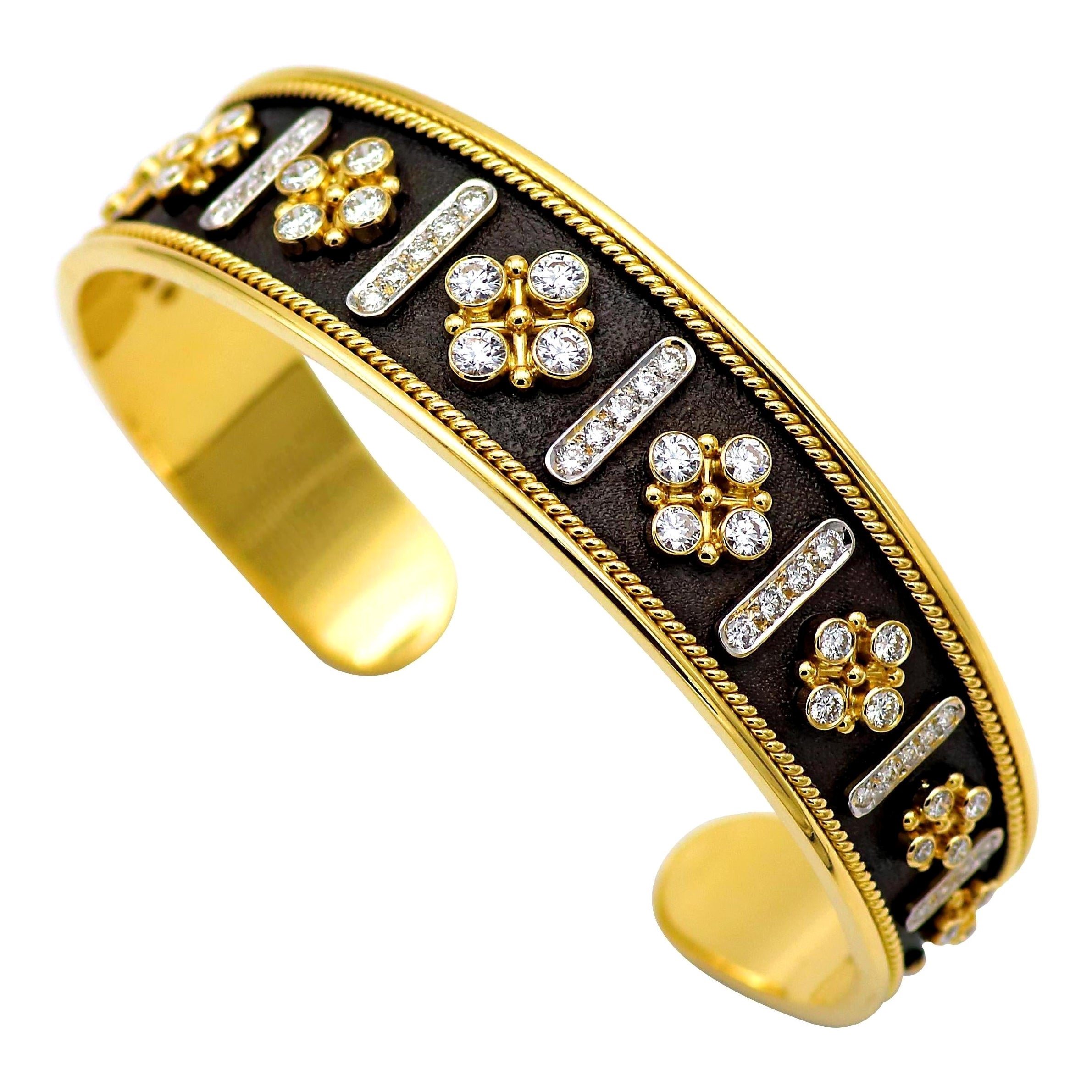 Dimos 18k Gold Byzantine Cuff Bracelet with Brilliant Diamonds For Sale