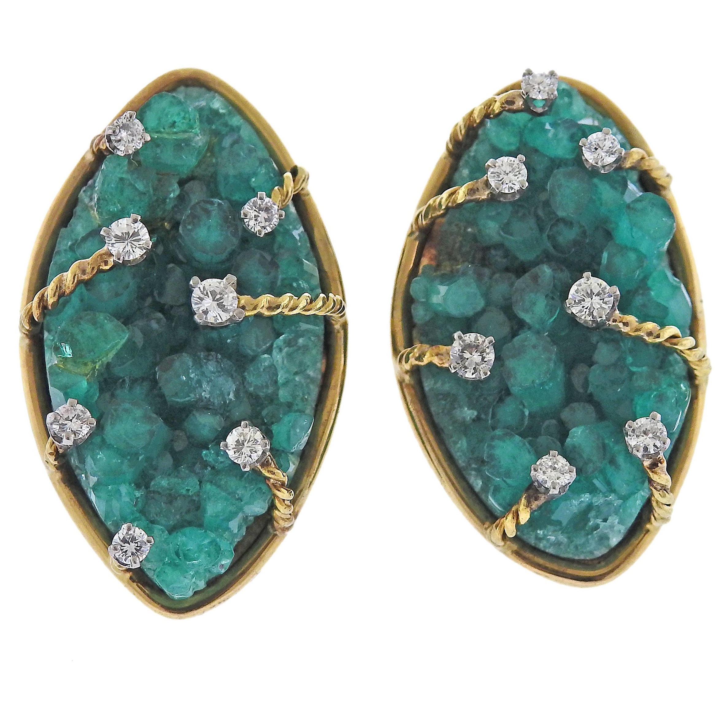 Chatham Emerald Diamond Gold Earrings For Sale