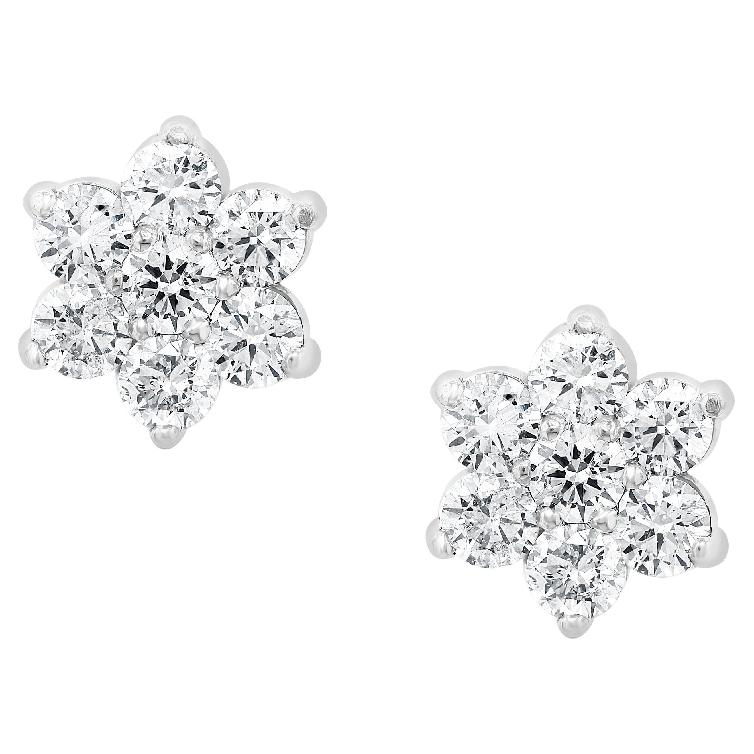 3.75 Carat Round Diamond Cluster Flower Earrings For Sale