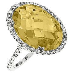 13.77 Carat Honey Quartz Diamond Gold Oval Ring