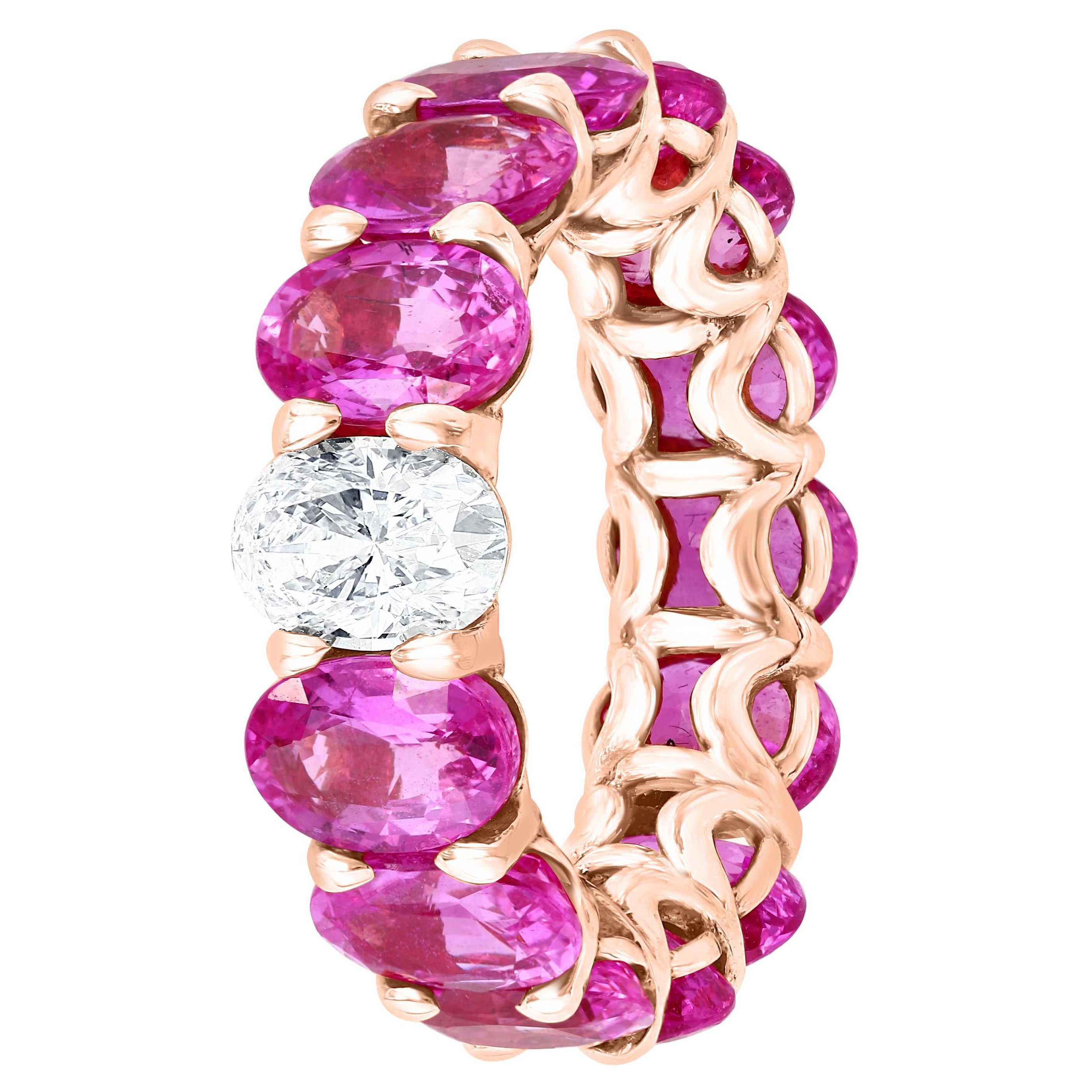 Anello a fascia di eternità con zaffiro rosa ovale e diamante da 13,36 carati